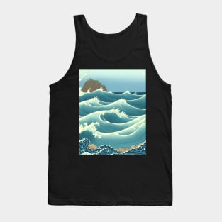 Ukiyo-e Japanese Art - Waves Crashing Against a Rocky Shoreline Tank Top